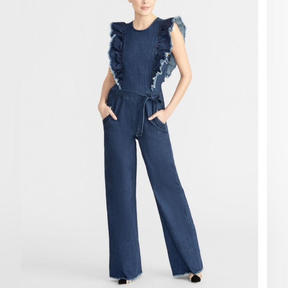 NWT Rachel Rachel Roy Dark Denim Wide Leg Tie Jumpsuit with Ruffle Sleeves